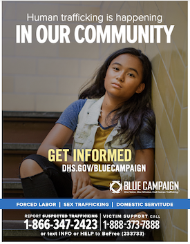 Human trafficking website with image of young woman dhs.gov/bluecampaign