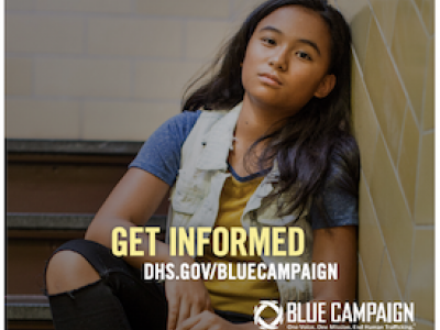 Human trafficking website with image of young woman dhs.gov/bluecampaign
